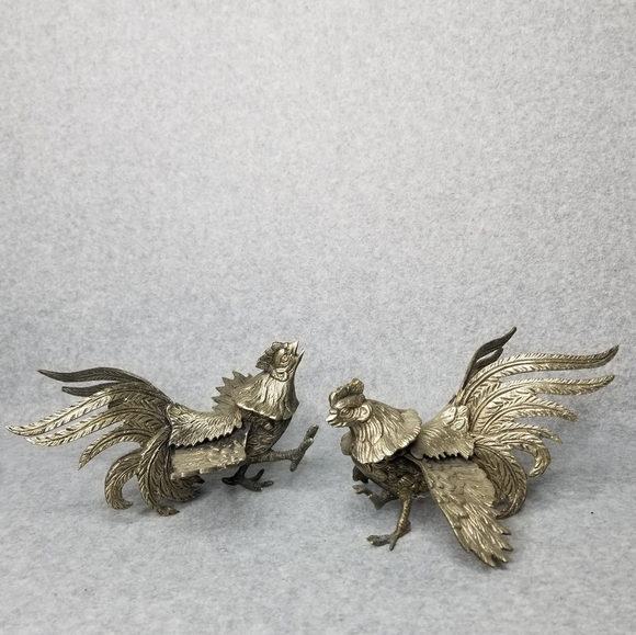 Pair Fighting Gamecock Roosters Vintage Italian Brass Figurines Made in Italy - Picture 3 of 17